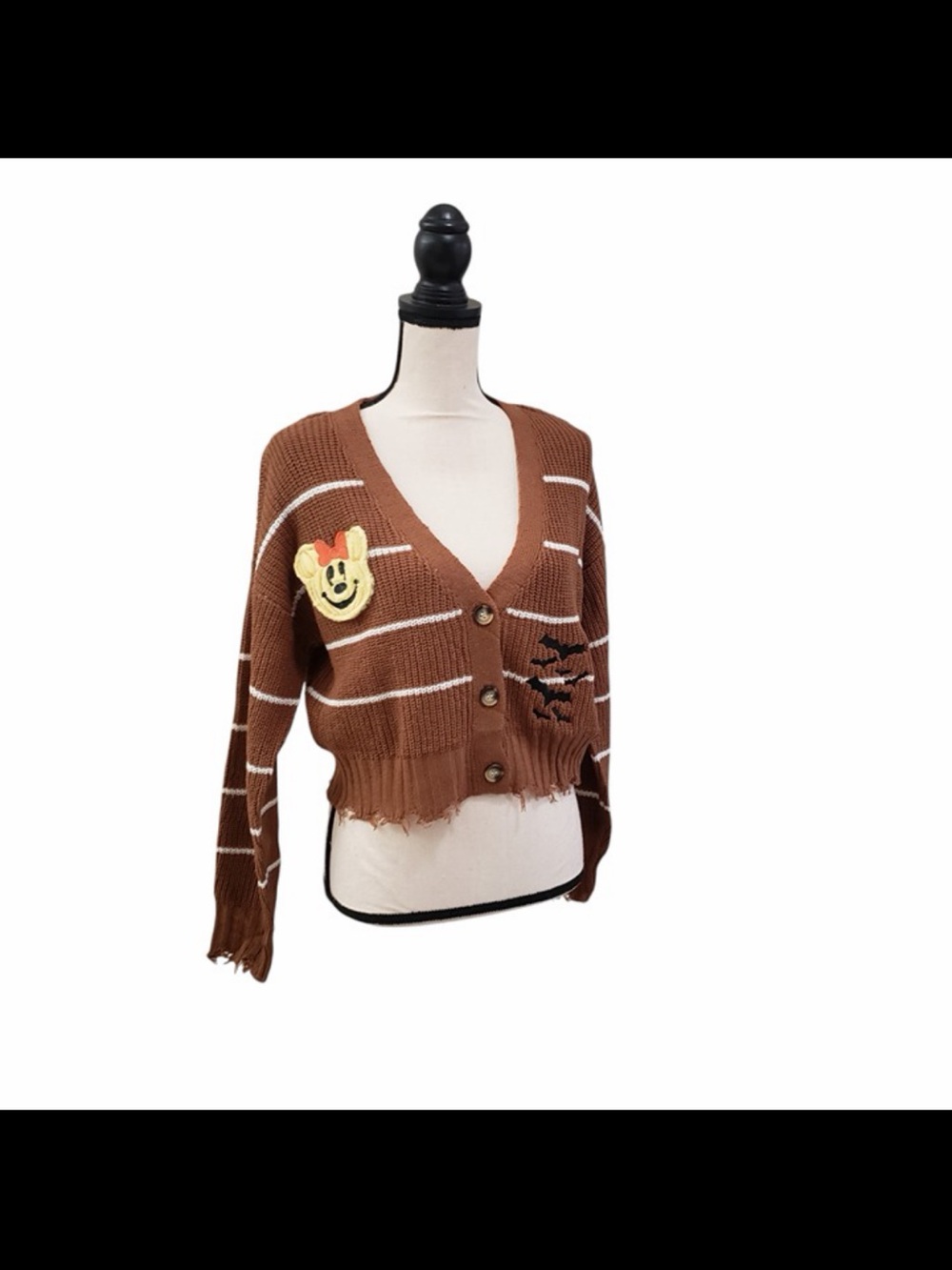 Disney Brown Striped V-Neck Cropped Cardigan with Mickey Patch